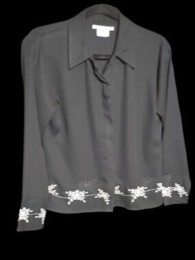 White House Black Market Black Button-Down Top with White Floral Trim